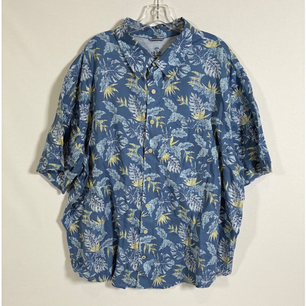 IZOD Saltwater Mens 2XB Blue Tropical Leaf Print Short Sleeve Button Down Shirt